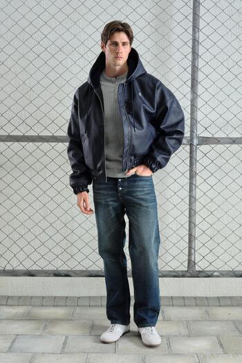 GIESTO Hooded Navy Blue Leather Jacket