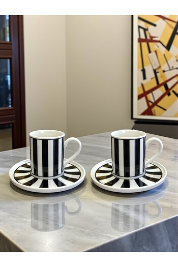 ferayhome Porcelain Coffee Cup Set for 2 People with Vertical Striped Pattern - Feray Home