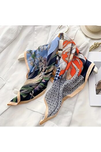 Accessories Hei Floral Patterned Multi-Colored Stylish Silk-Look Square Scarf Foulard Women's Accessory