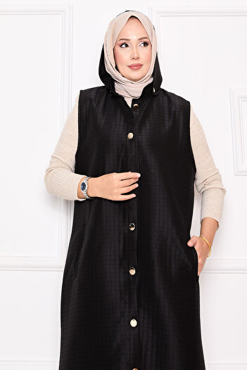 EBRUTESETTÜR Buttoned & Hooded Long Quilted Vest