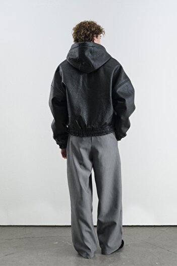 GIESTO Black Leather Jacket with Hood