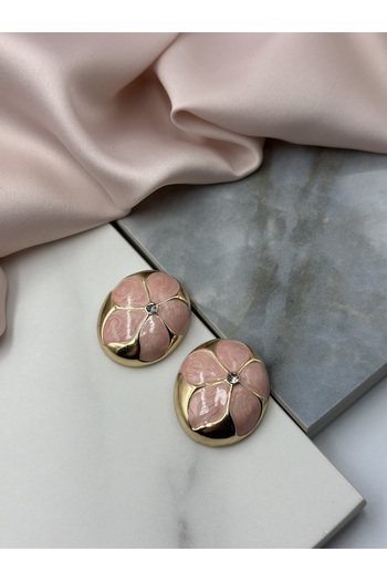 Unzilee Pink Flower Enamel Zircon Solitaire and Gold Gold Detailed Design Earrings
