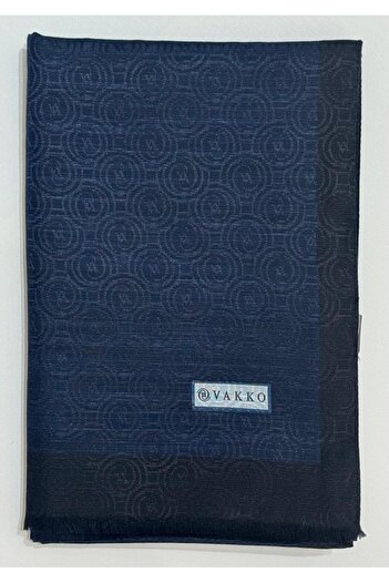Vakko Cotton Silk Striped Monogram Shawl 41728-Navy Blue
