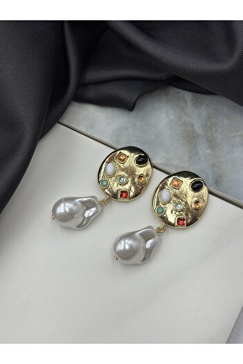 Unzilee Gold Colorful Stone Detailed Palette Design Pearl Brand Model Hanging Earrings