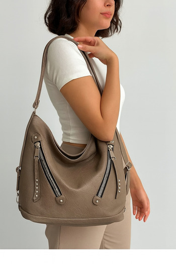 H&D COLLECTİON Soft Faux Leather Zipper Detail Mink Women's Bag Suitable for Hand Shoulder and Back Use