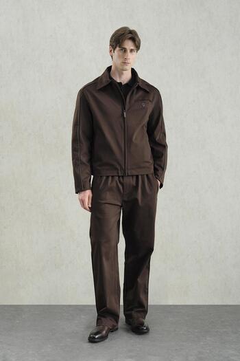 GIESTO Leather Trimmed Brown Classic Jacket