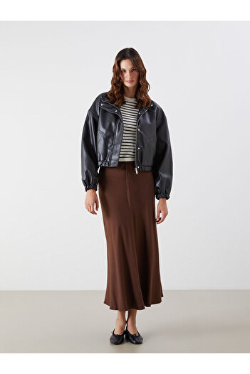LC Waikiki Stand Collar Women's Cropped Leather Look Jacket