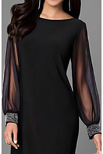 buğrahayalin    Women's Long Sleeve Collar Slightly Open Sleeve Tulle and Stone Detail Short Crepe Dress