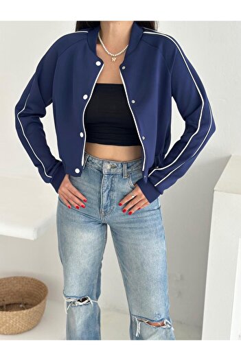 BE CHİC Women's Snap Closure Stripe Detail High Neck Biker Short Crop Sports Jacket