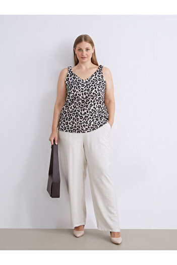 LC Waikiki Beige Elastic Waist Textured Wide Leg Women's Trousers