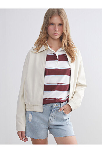 LC Waikiki Beige Oversize Women's Leather Look Bomber Jacket