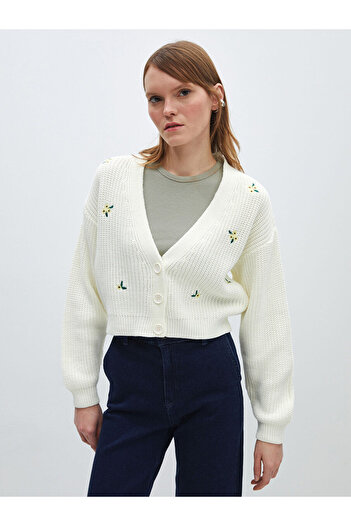 LC Waikiki Lcw Vision Ecru V-Neck Embroidered Long Sleeve Women's Knitwear Cardigan