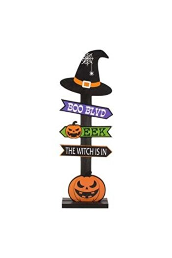 OEMN Halloween Wooden Decoration Black Sign with Pumpkin & Witch Hat 15 x 5 x 50.5 cm