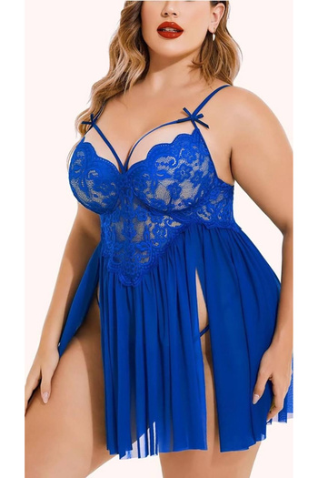 mtm My The Mall Plus Size Blue Lace Embroidered Chest Low-Cut Fancy Tulle Nightgown