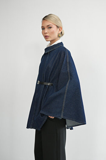 Molly Nelly Women's Belted Denim Casual Poncho Jacket