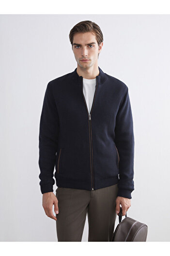 LC Waikiki Navy Blue Standard Fit College Collar Men's Knitwear Cardigan