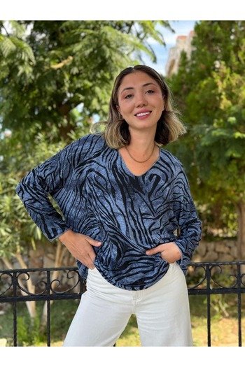 Punta Otantik Nc11285 Italian V-Neck Zebra Pattern Knitwear Blouse Blue