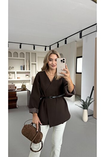 Sezgi Tekin Belt Detail Brown Kimono Jacket