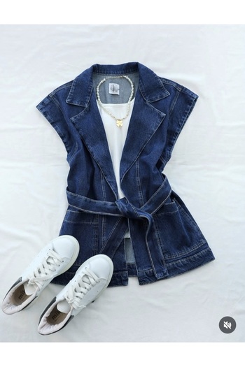 MissPul Women's Kemeli Luxury Quality Blue Side Pocket Detailed 100% Cotton Denim Vest Jacket