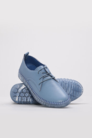 TUGERDİ Blue Denim Genuine Leather Lace-Up Rubber Sole Casual Women's Shoes Tg096092615476