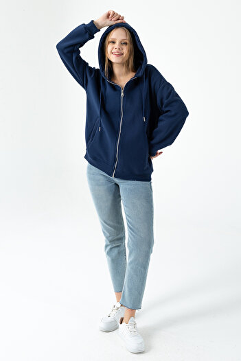 GİYSA Women's Hooded Zippered Double Pocket 3-Thread Sweatshirt Navy Blue - 264402