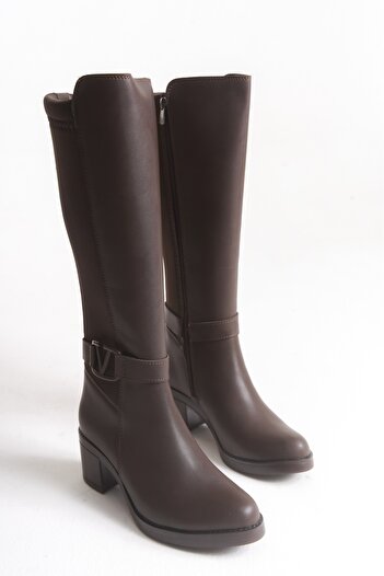 Limeo Bitter Brown Leather Look Stretchy Back Flexible Thick Mid-Heeled V Metal Detail Zippered Long Boots