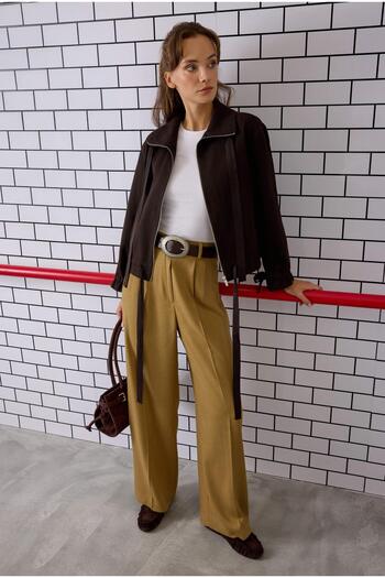 HEQA Pile Detailed Palazzo Pants Camel