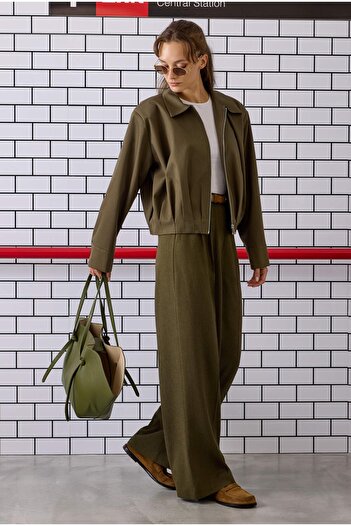 HEQA Pile Detailed Palazzo Trousers Forest Green