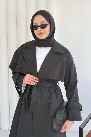 Hatun Atila Double-Breasted Collar Long Trench Coat 999002 - Black