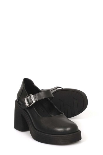 TUGERDİ Black Genuine Leather Light Sole Thick Heeled Women's Shoes Tg0921726177413