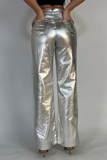WildFashion Blugi casual cu talie inalta model evazat din denim argintiu lucios K931-6