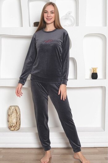 embody Women's velvet pyjamas, soft and delicate material, plain print, grey 86