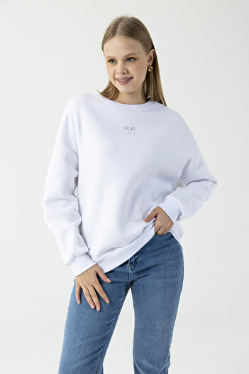 GİYSA Women's Crew Neck Bow Detail 3-Thread Sweatshirt White - 264420