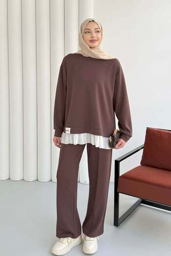 Hatun Atila Six-Pleated Tunic and Trouser Set 3012 - Brown
