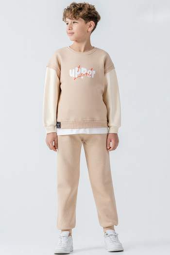 AHENGİM Boy's Upper Printed 3 Thread Thick Winter Tracksuit Set Ak4231
