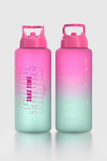 Renga Moly Double Color Text Patterned 1000 ml Matte Tritan Flask with Straw 912117 Fuchsia-Turquoise