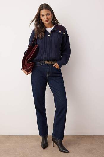 Trendyol Collection Navy Blue Hair Braided Wide Fit Turn-Down Collar Knitwear Sweater Twoaw26Kz00120