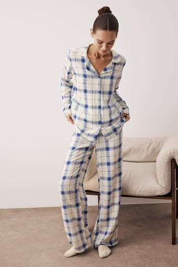 Trendyol Collection Blue Plaid Viscose Woven Pajama Set Thmaw26Pt00066