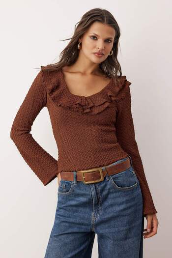 Trendyol Collection Brown Textured Fitted/Slim Fit Ruffle Detail Stretchy Knitted Blouse Twoaw26Bz00202