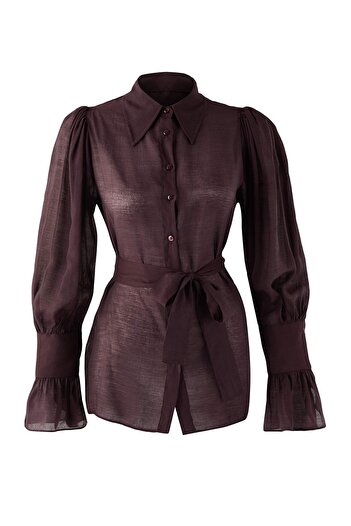 Trendyol Collection Brown Binding Detail Lightweight Transparent Soft Feel Boho Shirt Twoaw26Go00111