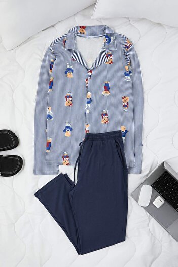 Trendyol Collection Navy Blue Teddy Bear Pattern Couple/Pair Regular Shirt-Pants Pajamas Set Tmnaw26Pt00031