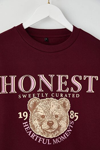 Trendyol Collection Teen Burgundy Thick Fleece Inside Teddy Bear Printed Regular/Normal Cut Knitted Sweatshirt Twoaw26Sw00199