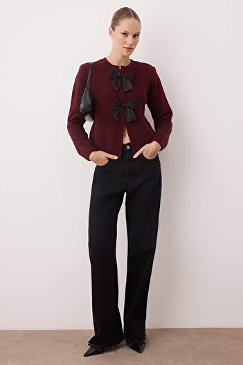 Trendyol Collection Burgundy Crew Neck Ribbon Detailed Knitwear Cardigan Twoaw26Hi00236 Knitwear Cardigan Twoaw26Hi00236