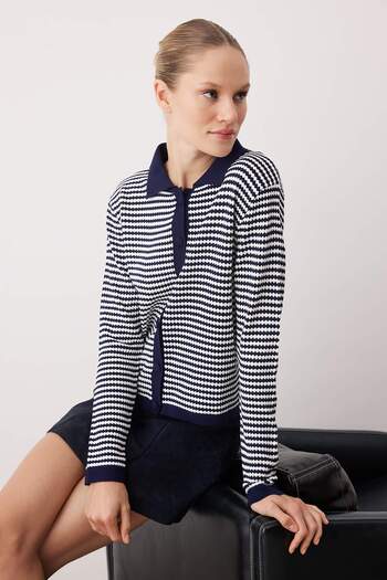 Trendyol Collection Navy Blue Striped Polo Neck Detailed Knitwear Cardigan Twoaw26Hi00263