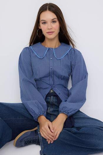 Trendyol Collection Cămașă albastră cu detaliu de guler pentru adolescenți, cu împodobire în talie, TWOAW26GO00059