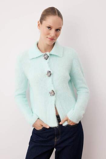 Trendyol Collection Mint Rose Button Detailed Boucle Yarn Wide Fit Knitwear Cardigan Twoaw26Hi00109
