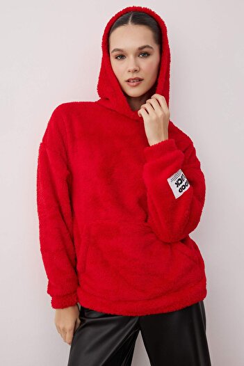 Trendyol Collection Red Plush Label Detailed Regular/Normal Fit Plush Knitted Sweatshirt Twoaw26Sw00221