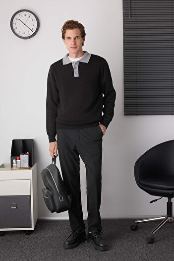 Trendyol Collection Black Regular Polo Neck Color Block Sweater Tmnaw26Kz00008