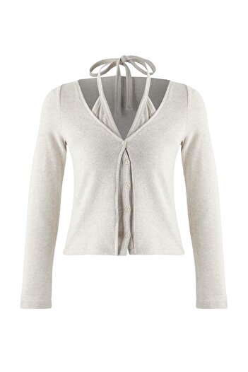 Trendyol Collection Ecru Double-Look Buttoned V-Neck Regular Fit Stretchy Knitted Blouse Twoaw26Bz00171