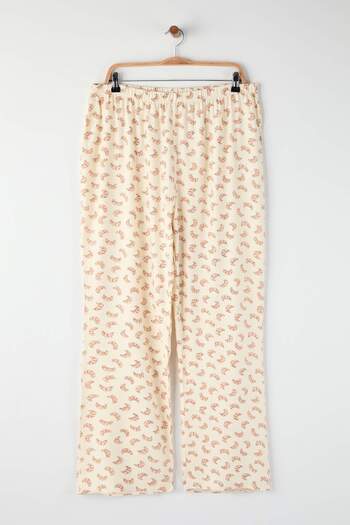 Trendyol Curve Beige-Mehrfarbiges 2er-Pack Pyjamahose aus Viskose mit Croissant-Muster